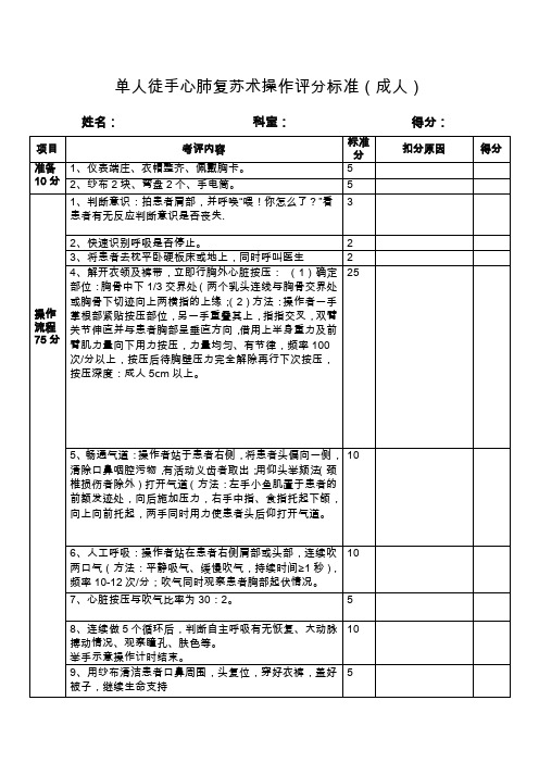 单人徒手心肺复苏术操作评分标准(成人)