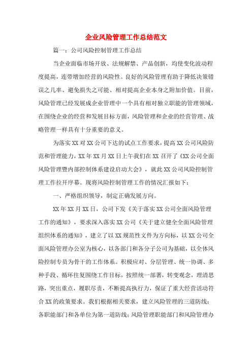 2019年企业风险管理工作总结范文