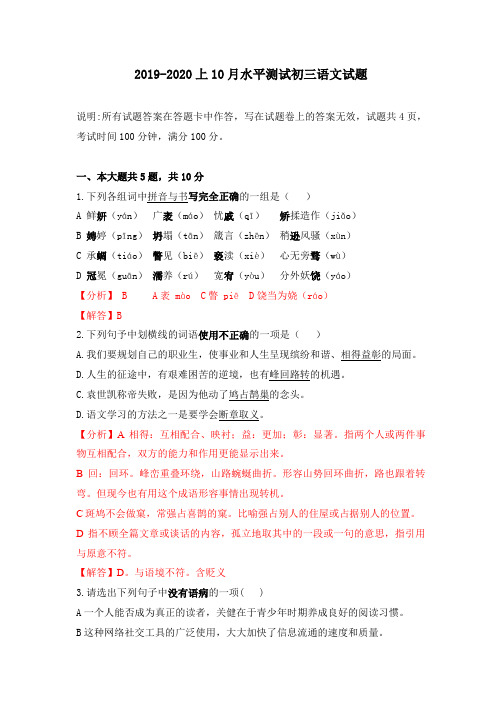 2019-2020上学期10月水平测试初三语文试题及解析