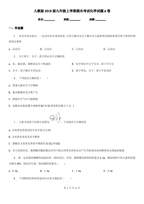 人教版2019版九年级上学期期末考试化学试题A卷