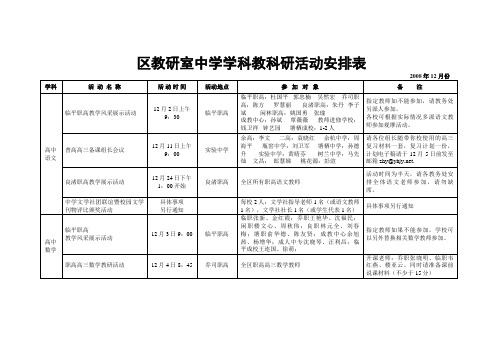 区教研室中学学科教科研活动安排表