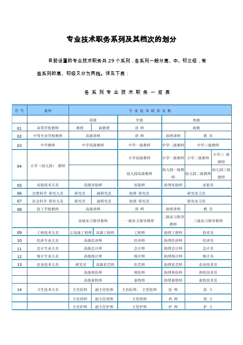 专业技术职系列及其档次的划分