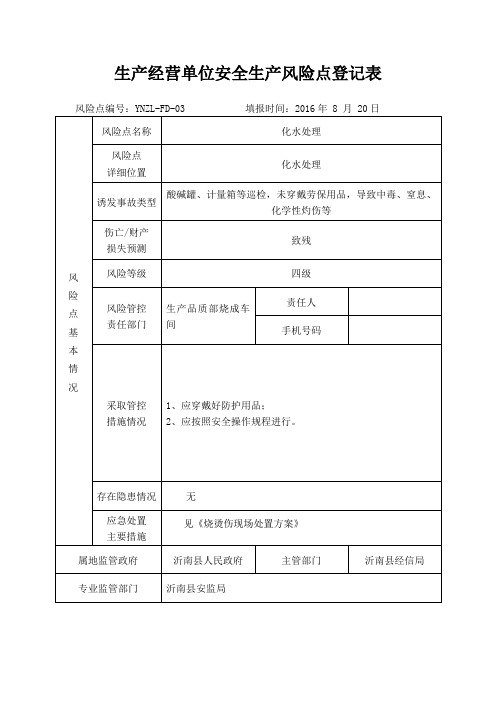 生产经营单位安全生产风险点登记表(化水处理)