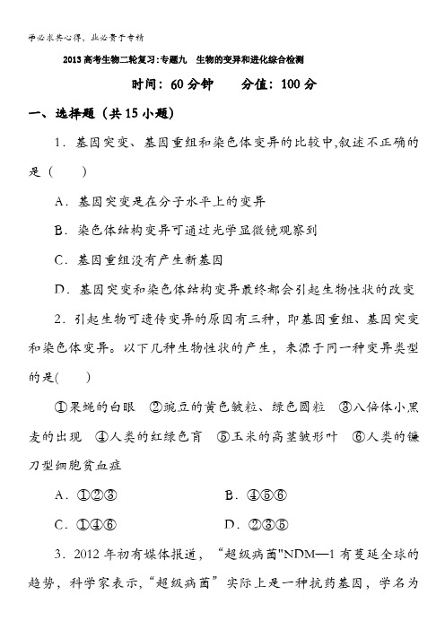 2013届高三生物复习：专题九   生物的变异和进化综合检测