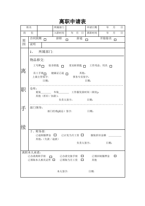 餐厅员工离职申请表