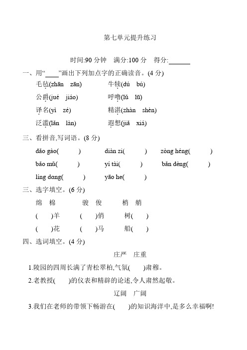 2019-2020学年度部编版语文五年级下册第七单元提升练习 (含答案)-精品