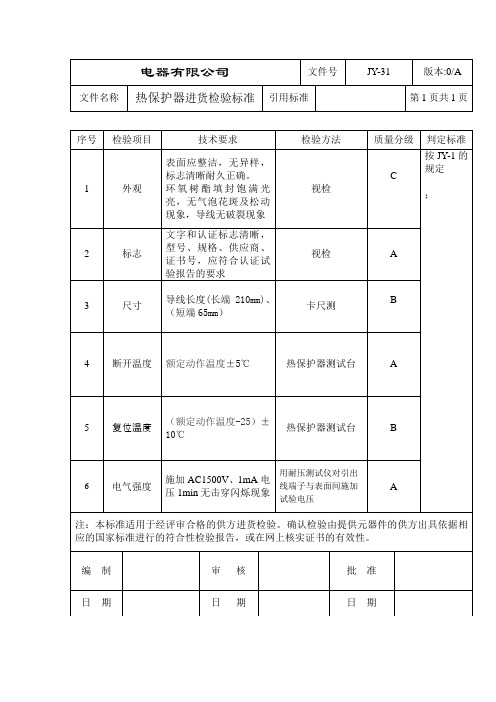 热保护器进货检验标准