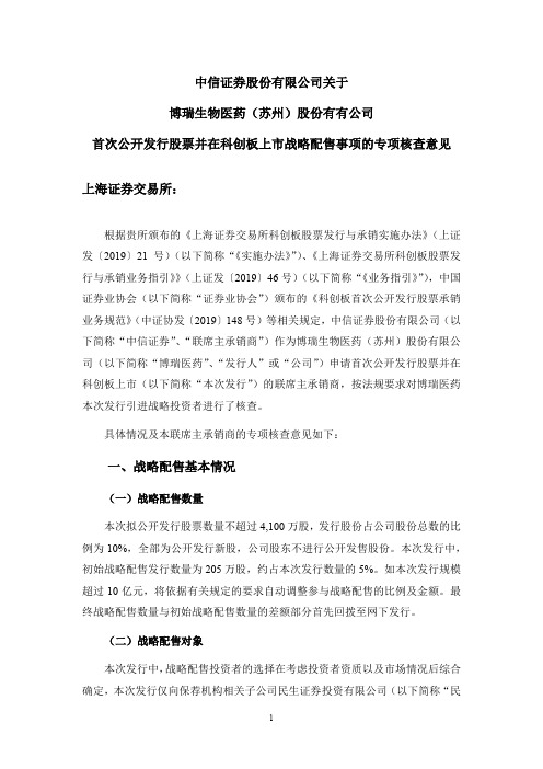 博瑞医药：中信证券股份有限公司关于博瑞医药首次公开发行股票并在科创板上市战略投资者的专项核查意见