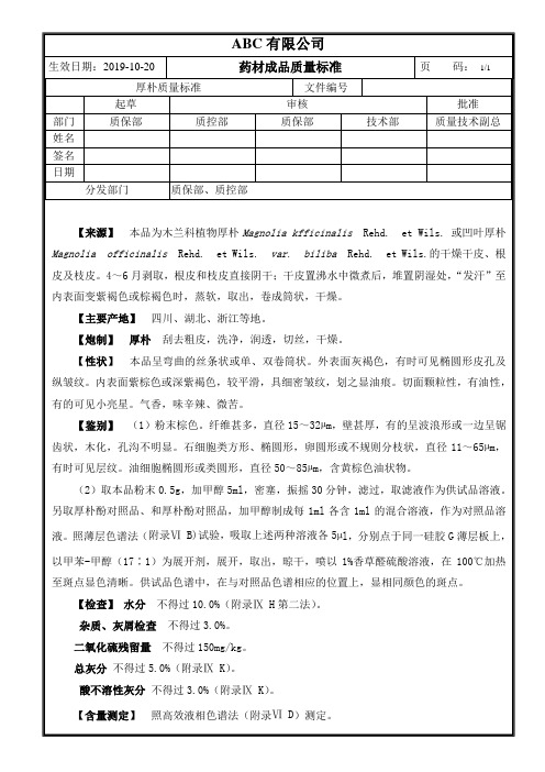 成品药材厚朴质量标准