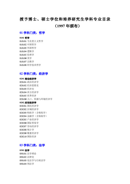 全国授予博士、硕士学位和培养研究生学科专业目录(国务院学位办1997年发布)