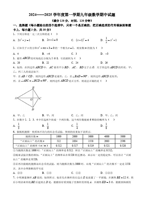 山东省菏泽市2024—2025学年上学期九年级数学期中试题(含答案)