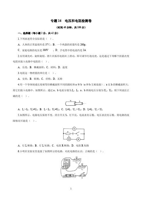 专题16 电压和电阻(检测卷)-2020年中考物理一轮复习讲练测(原卷版)