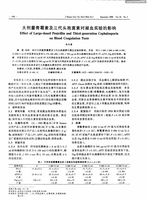 大剂量青霉素及三代头孢菌素对凝血实验的影响