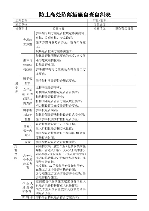 防止高处坠落措施自查自纠表