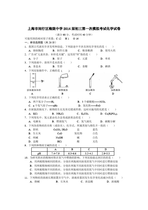 上海市闵行区梅陇中学2014届初三第一次模拟考试化学试卷(word版)
