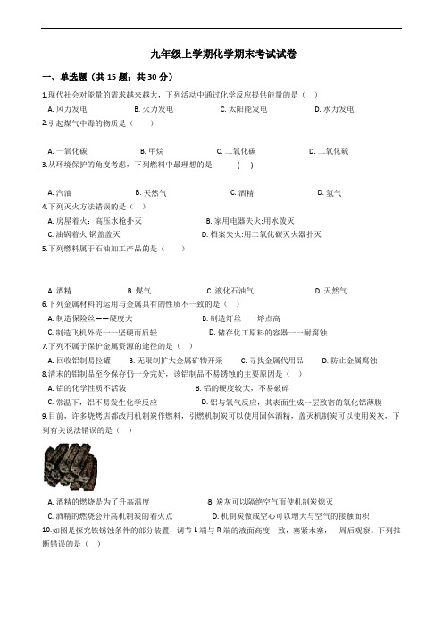 辽宁省葫芦岛九年级上学期化学期末考试试卷