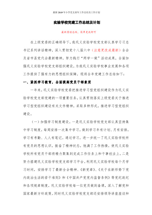 最新2019年小学党支部年工作总结及工作计划