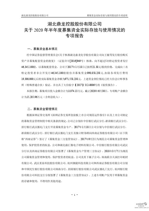 鼎龙股份：关于2020年半年度募集资金实际存放与使用情况的专项报告