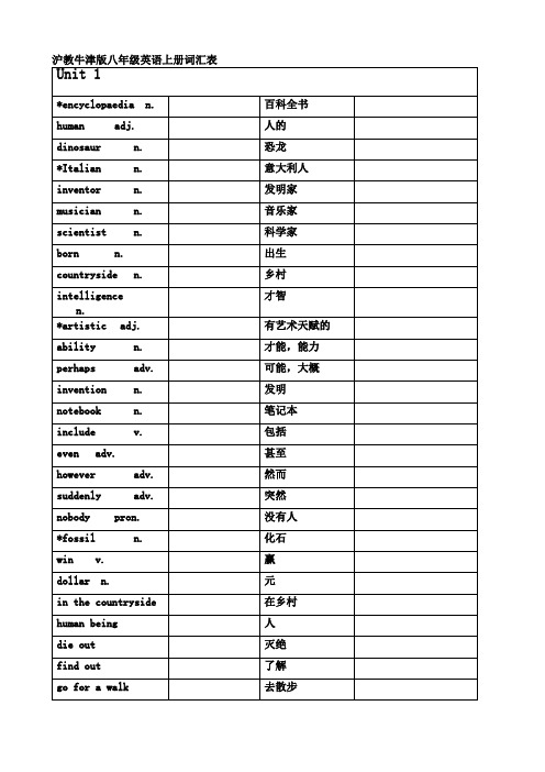 沪教牛津版八年级英语上册词汇表(汉译英、英译汉练习表)