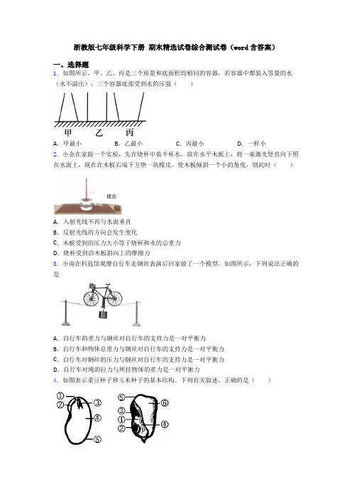 浙教版七年级科学下册 期末精选试卷综合测试卷(word含答案)