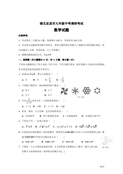 湖北宜昌市九年级中考调研考试数学试题及答案(绝对精品经典卷)
