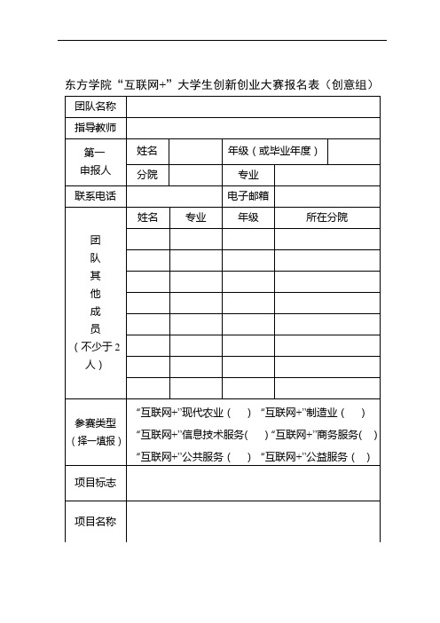 东方学院互联网+大学生创新创业大赛报名表(创意组)