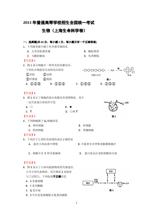 2013年普通高等学校招生全国统一考试生物清晰精较上海卷