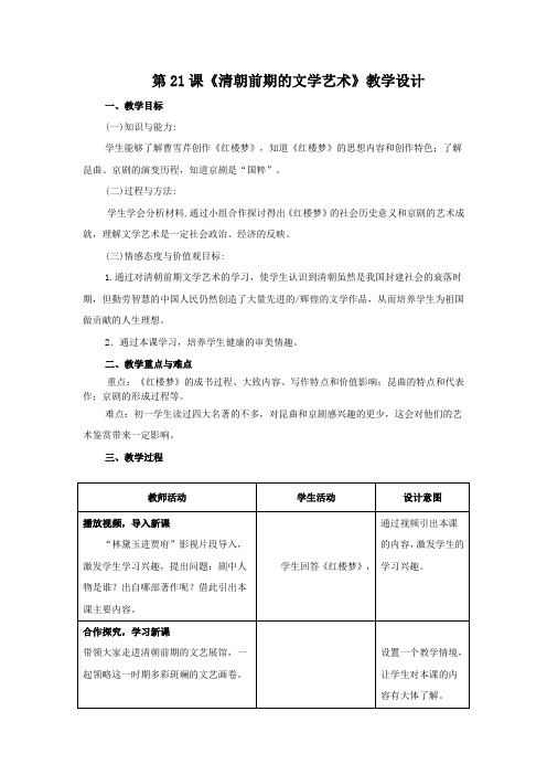 七年级历史下册教案-第21课 清朝前期的文学艺术22-部编版