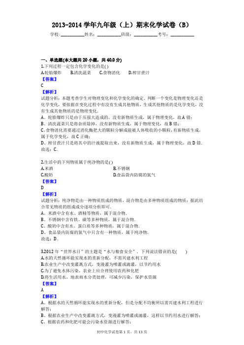 2013-2014学年九年级(上)期末化学试卷(B)