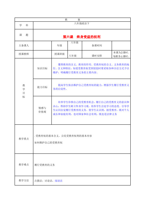 人教版初中政治八年级下册6.0第六课终身受益的权利word教案(5)
