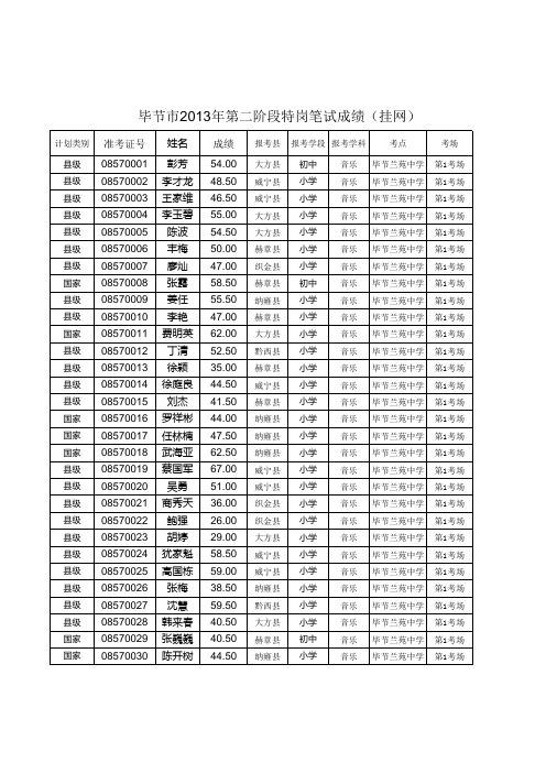 毕节市2013年特岗第二阶段笔试成绩