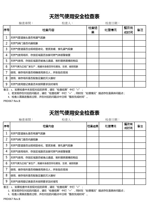 天然气使用安全检查表