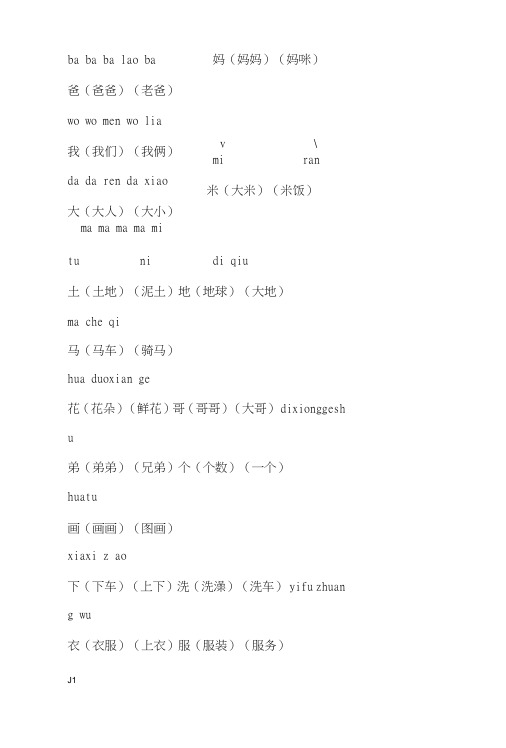 人教版小学一年级上册生字表组词双面打印.doc