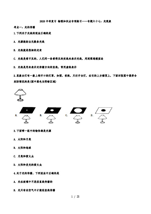 2020中考复习 物理知识点专项练习——专题六十七：光现象(解析版)