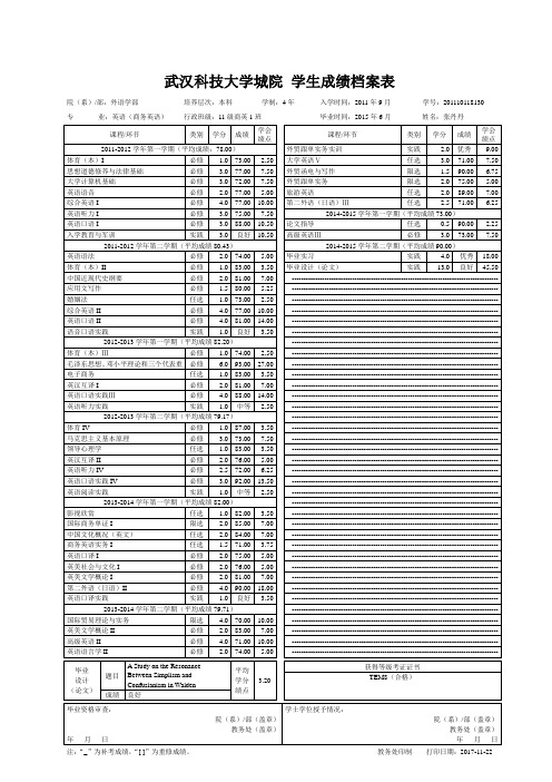 武汉科技大学城院学生成绩档案表