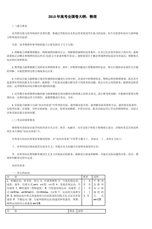 2010年高考全国卷大纲物理