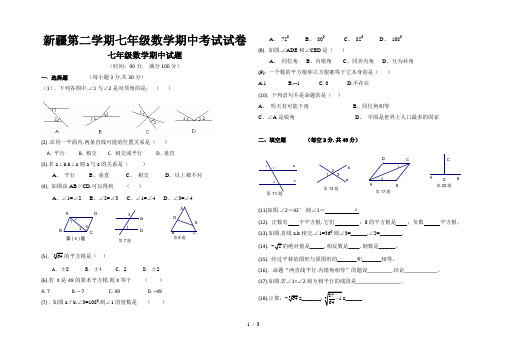 新疆第二学期七年级数学期中考试试卷