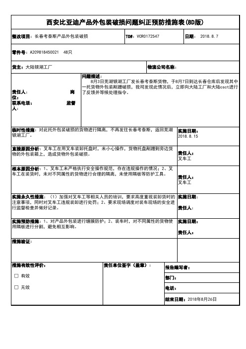 长春考泰斯产品外包装破损问题8D报告(18.8.7)