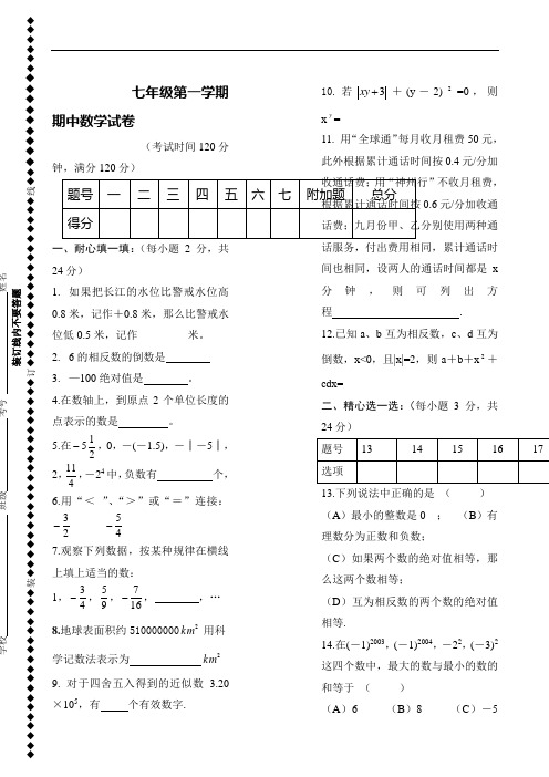 甘肃七年级上期中考试试卷--数学.doc