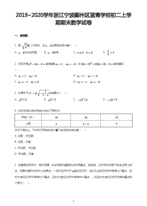 浙江省宁波市鄞州区蓝青学校2019-2020学年八年级上学期期末考试数学试卷 