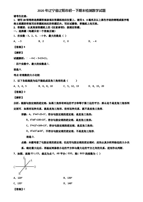 2020年辽宁省辽阳市初一下期末检测数学试题含解析