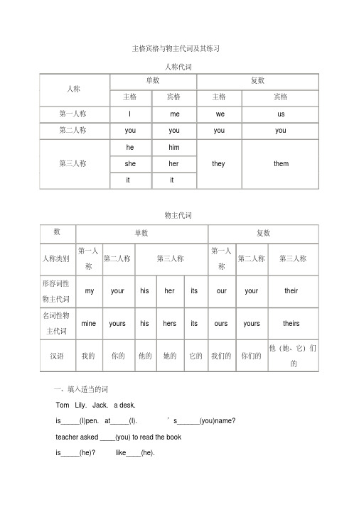 英语主格宾格形容词性物主代词及名词性物主代词练习题