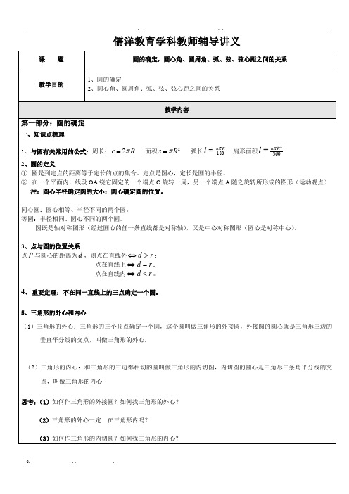 圆的确定,圆心角、圆周角、弧、弦、弦心距之间的关系