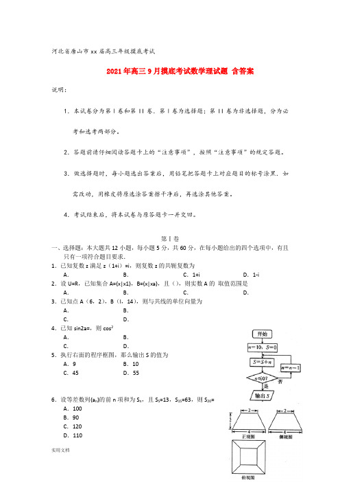 2021-2022年高三9月摸底考试数学理试题 含答案
