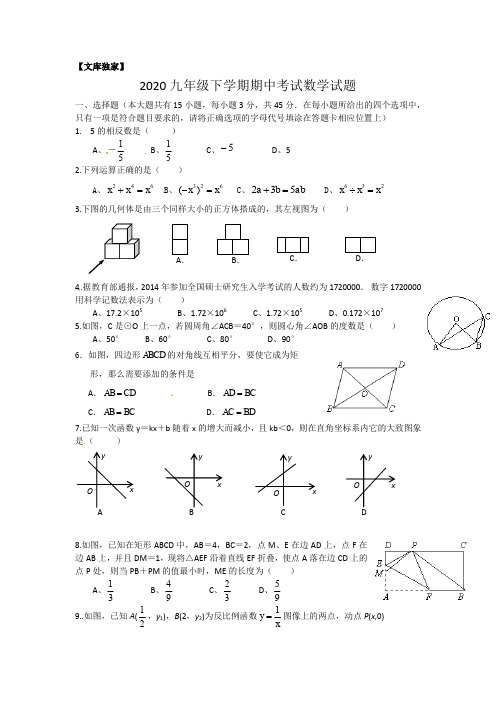 2020九年级下学期期中考试数学试题
