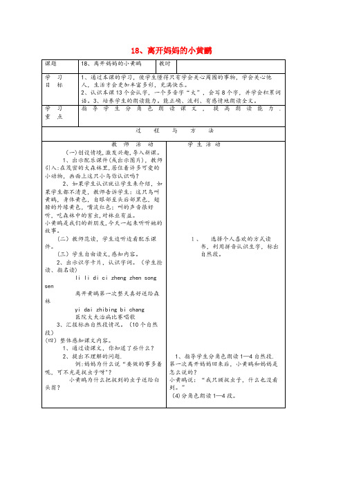 湖南省怀化市中心小学一年级语文下册第五单元18离开妈妈的小黄鹂教案2语文A版