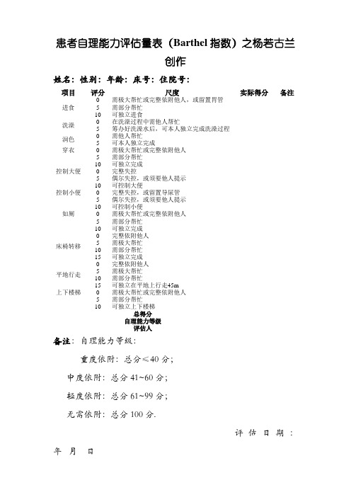 患者自理能力评估量表(Barthel指数))