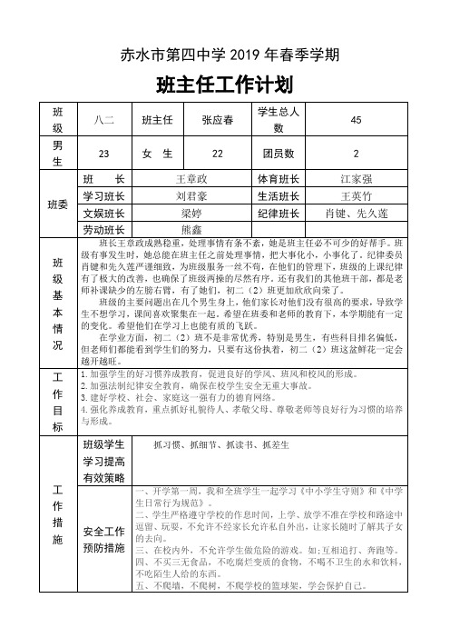 八年级(2)班级德育工作计划表