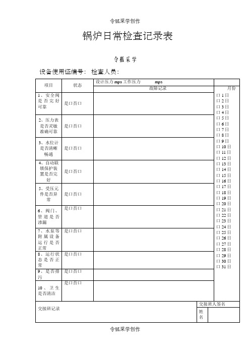 锅炉日常检查记录表之令狐采学创编