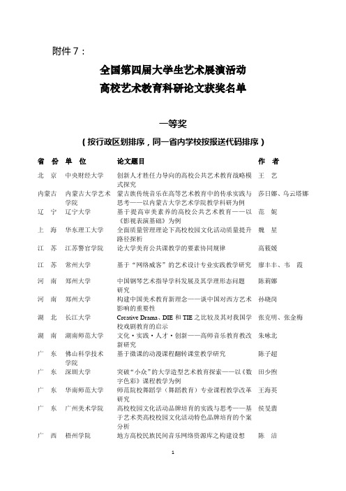 全国第四届大学生艺术展演活动高校艺术教育科研论文获奖